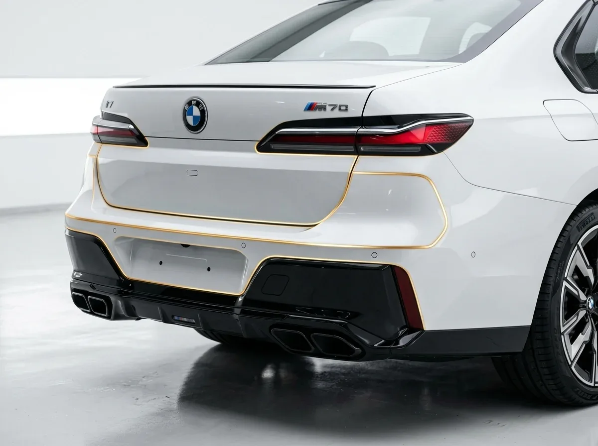 ฟิล์มใสกันรอยติดตั้งบริเวณกันชนหลังและขอบฝาท้าย BMW i7
