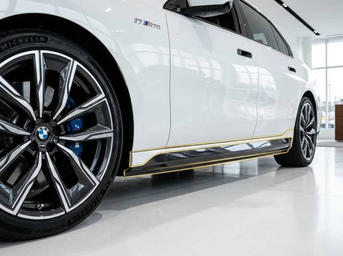 ฟิล์มใสกันรอยติดตั้งบริเวณสเกิร์ตข้างและกาบบันได BMW i7