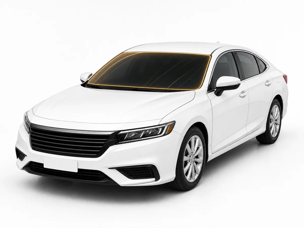 รถเก๋งกลางสีขาวพร้อมเส้นเรืองแสงสีทองบนกระจกหน้าสำหรับฟิล์ม Clear Guard Windshield