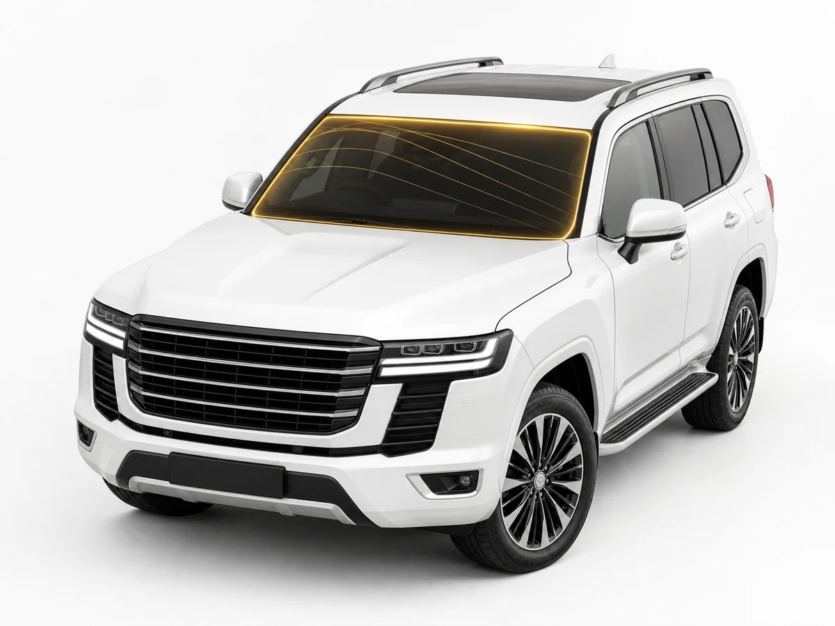 รถ SUV สีขาวพร้อมเส้นเรืองแสงสีทองบนกระจกหน้าสำหรับฟิล์ม Clear Guard Windshield