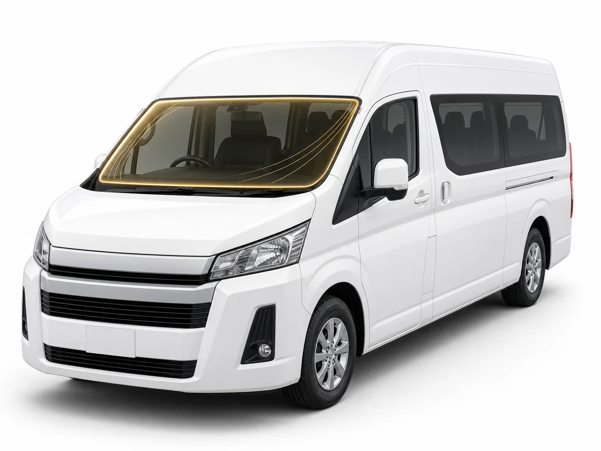รถตู้สีขาวพร้อมเส้นเรืองแสงสีทองบนกระจกหน้าสำหรับฟิล์ม Clear Guard Windshield