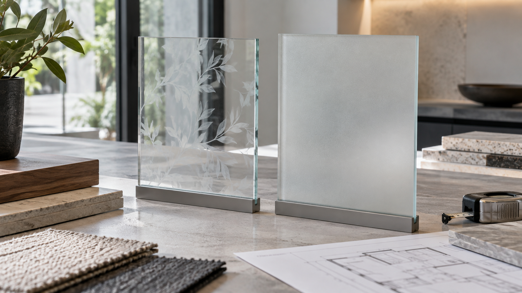Frosted film and glass surface samples on a table for comparing texture and opacity