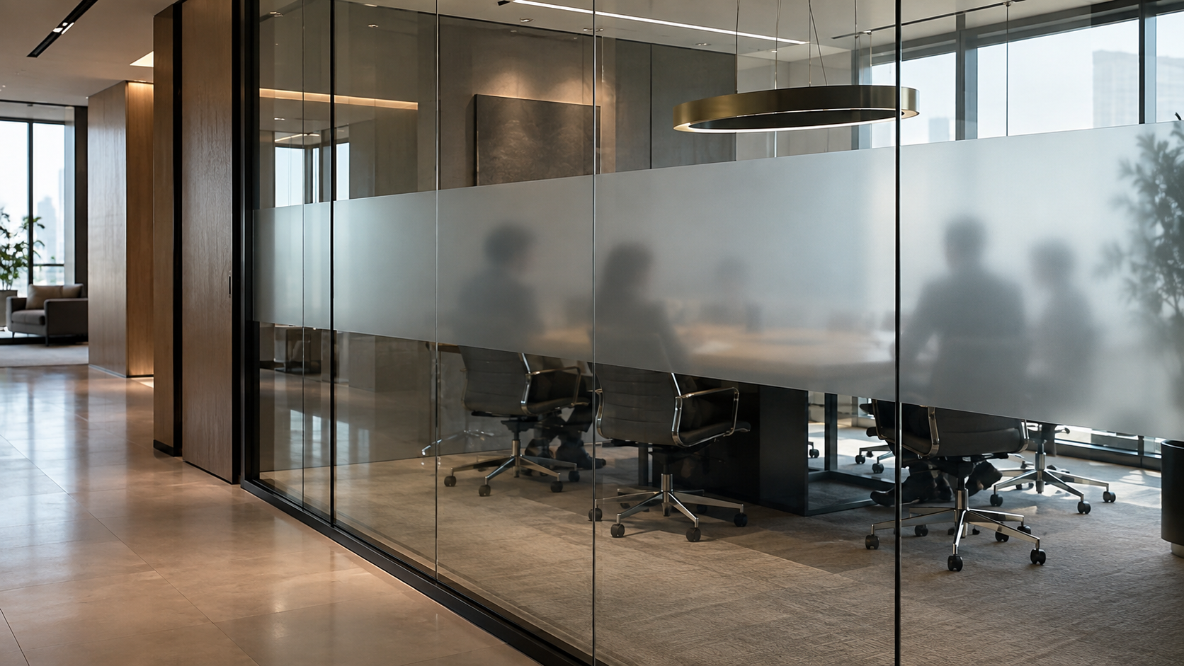 Meeting room with a frosted film band on its glass wall to define privacy