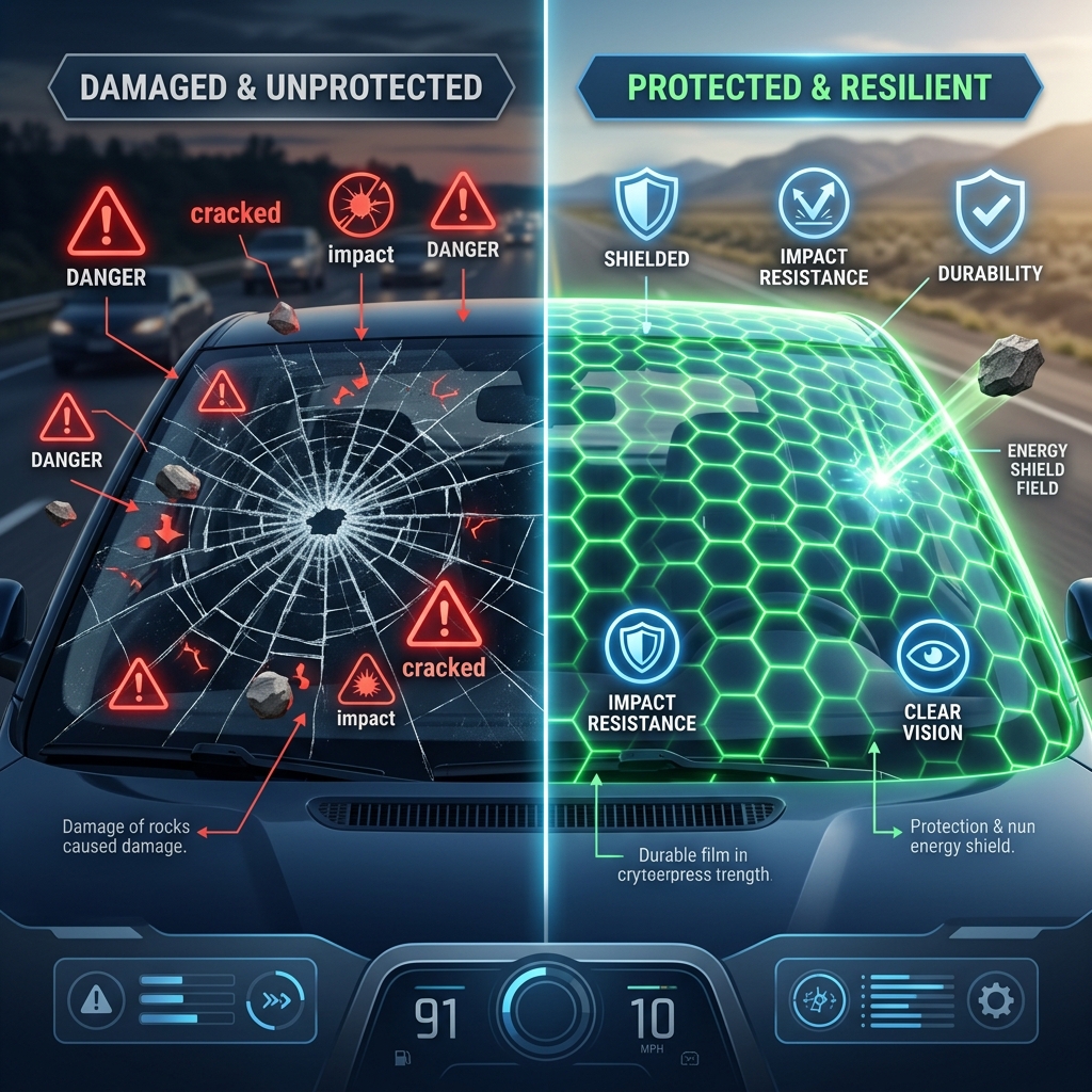 ROI comparison between cracked windshield and protected windshield infographic